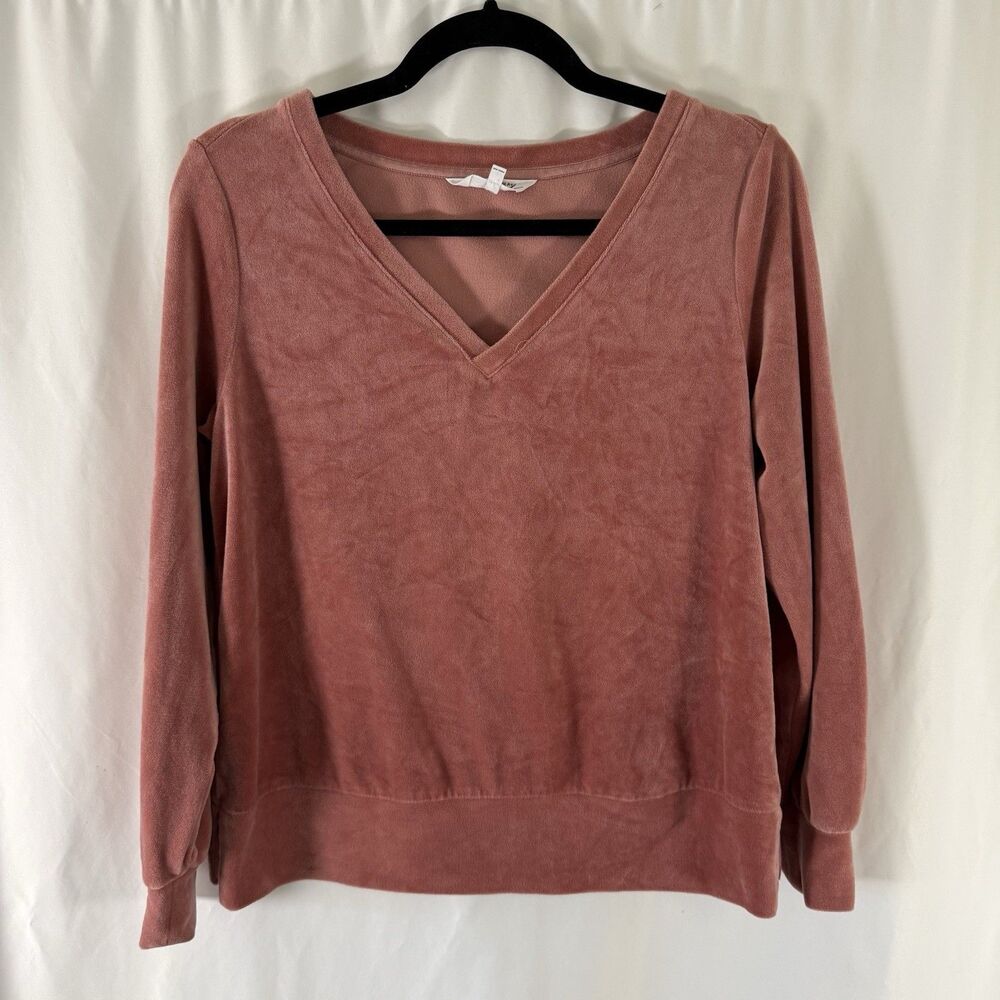 Soma Weekend Sweater Women's Small Pink Plush Velvet Long Sleeve V-Neck